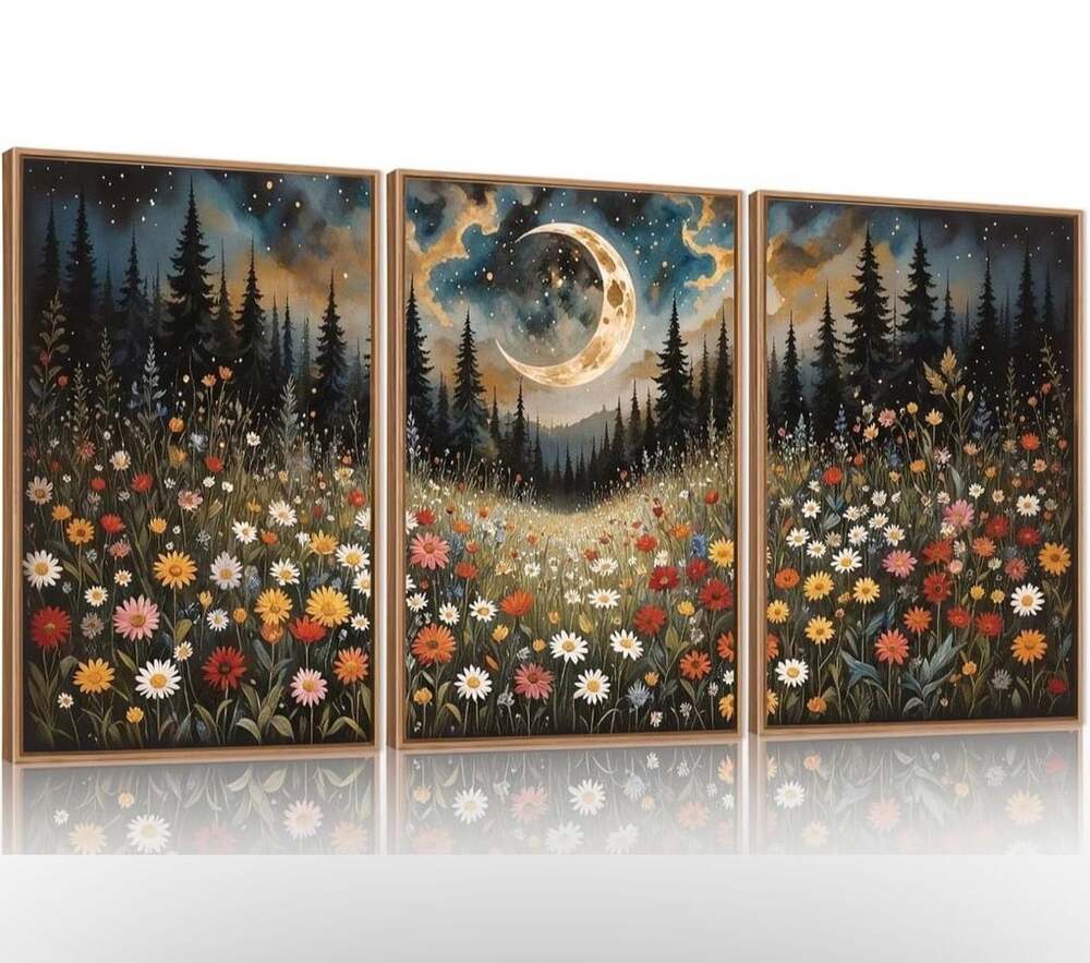 HPNIUB Wildflower Moon Pine Tree Framed Canvas Wall Art Set of 3